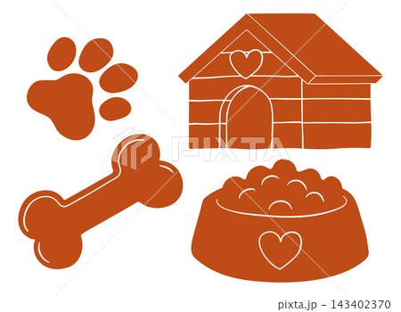 Dog Care Icons: Paw, Bone, Doghouse, Food Bowl Dog Care Icons: Paw, Bone, Doghouse, Food Bowl 143402370