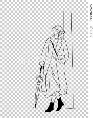 一幅簡單的線條畫，描繪了一位撐著傘的女士。 143402525