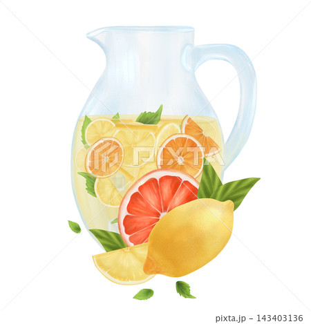 The composition is a decanter with citrus lemonade with ice. Grapefruit slices, lemon and leaves. It is suitable for designing menus and banners.  143403136