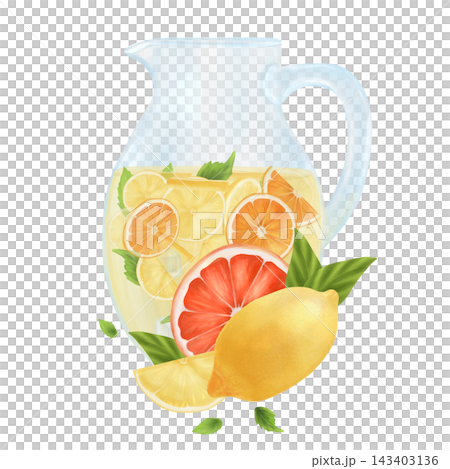 The composition is a decanter with citrus lemonade with ice. Grapefruit slices, lemon and leaves. It is suitable for designing menus and banners.  143403136