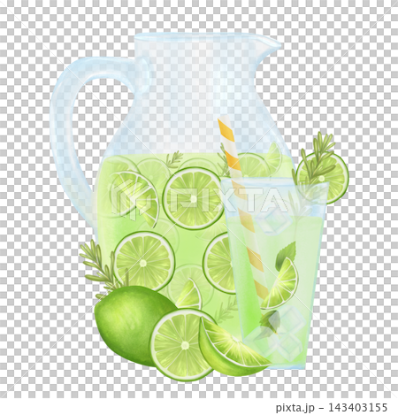 Composition of a decanter and a glass with citrus lemonade with rosemary, ice. Slices of lime, lime. It is suitable for designing menus and banners, as well as textiles. 143403155