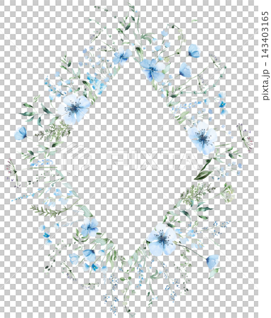 Floral frame with blue watercolor wildflowers and leaves, hand drawn wedding illustration Floral frame with blue watercolor wildflowers and leaves, hand drawn wedding illustration 143403165