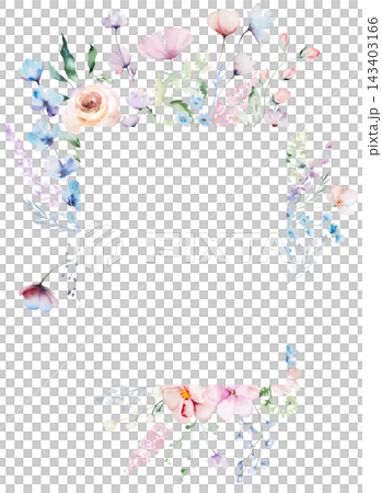 Watercolor floral frame with pastel wildflowers, isolated floral illustration for wedding stationery 143403166