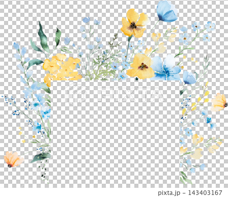 Frame with blue and yellow watercolor wildflowers and leaves, floral wedding illustration 143403167