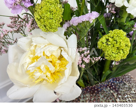 Elegant Spring Flower Bouquet in Decorative Ceramic Vase. Elegant Spring Flower Bouquet in Decorative Ceramic Vase. 143403530