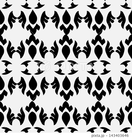 Seamless black ornamental pattern with repeating gothic inspired floral and winglike shapes on white background, creating strong contrast for textile, wallpaper, wrapping paper, decor, and surface. Seamless black ornamental pattern with repeating gothic inspired floral and winglike shapes on white background, creating strong contrast for textile, wallpaper, wrapping paper, decor, and surface. 143403646