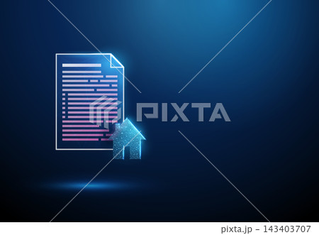 3D blue document and house icon. Real estate, property contract, mortgage loan, home insurance, building investment, asset value, secure agreement, ownership concept 3D blue document and house icon. Real estate, property contract, mortgage loan, home insurance, building investment, asset value, secure agreement, ownership concept 143403707