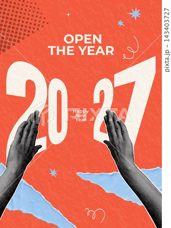 Happy New Year 2027 collage poster with geometric numbers, halftone hands, torn blue paper and orange background. Ideal for banners, social media, flyers, invitations and seasonal advertising. Happy New Year 2027 collage poster with geometric numbers, halftone hands, torn blue paper and orange background. Ideal for banners, social media, flyers, invitations and seasonal advertising. 143403727