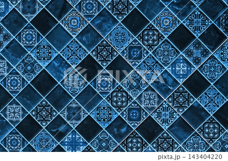 Mosaic blue navy color paint cold ceramic floor tile abstract ornament pattern texture background structure backdrop 143404220