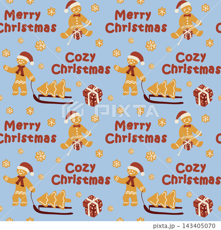 Christmas gingerbread pattern with skiers, sleds, wrapped presents, snowflakes, and festive lettering on a blue background textile illustration 143405070