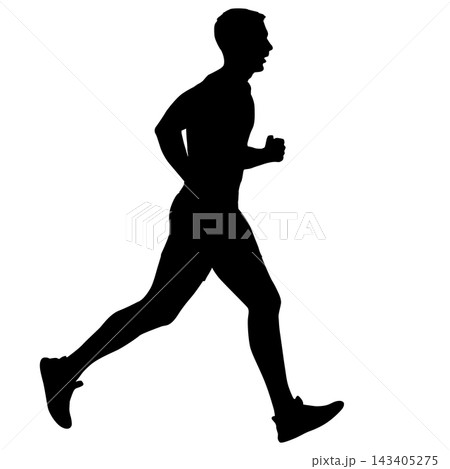 Black silhouette of a male runner in motion isolated on a white background. Black silhouette of a male runner in motion isolated on a white background. 143405275