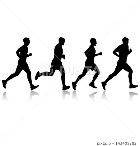 Collection of black silhouettes of male and female runners in different running poses isolated on a white background. Collection of black silhouettes of male and female runners in different running poses isolated on a white background. 143405282