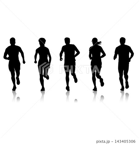 Collection of black silhouettes of male and female runners in different running poses isolated on a white background. Collection of black silhouettes of male and female runners in different running poses isolated on a white background. 143405306