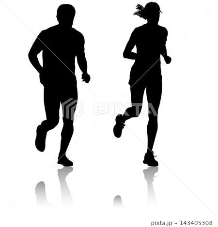 Collection of black silhouettes of male and female runners in different running poses isolated on a white background. Collection of black silhouettes of male and female runners in different running poses isolated on a white background. 143405308