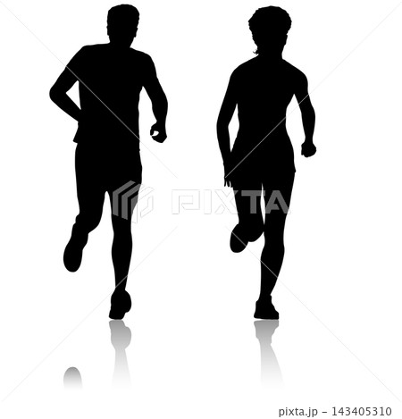 Collection of black silhouettes of male and female runners in different running poses isolated on a white background. Collection of black silhouettes of male and female runners in different running poses isolated on a white background. 143405310
