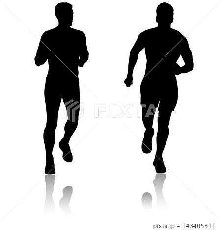Collection of black silhouettes of male and female runners in different running poses isolated on a white background. Collection of black silhouettes of male and female runners in different running poses isolated on a white background. 143405311