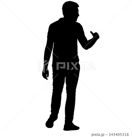 Black silhouette of a man standing with raised arms in a joyful pose isolated on a white background. 143405318