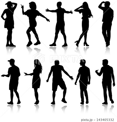 Collection of black silhouettes of men and women in different poses isolated on a white background. Collection of black silhouettes of men and women in different poses isolated on a white background. 143405332