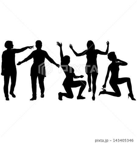 Collection of black silhouettes of men and women in different poses isolated on a white background. 143405346