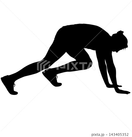 Black silhouette of a woman doing push ups on the floor isolated on a white background. 143405352