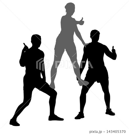 Black silhouette of a female acrobat standing on two male acrobats in a balanced performance pose isolated on a white background. 143405370
