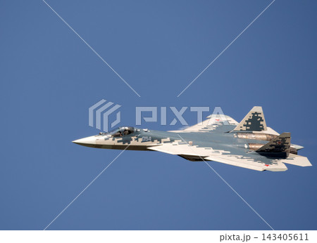 31 August 2019 Russia Zhukovsky MAKS Su-57 fifth generation fighter aircraft performing an aerobatic demonstration flight at the international air show 143405611