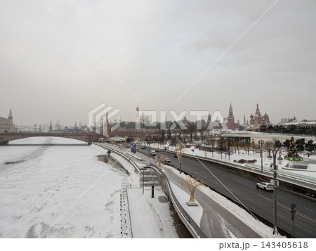 7 February 2026 Russia Moscow view of Zaryadye Bridge Spasskaya Tower Saint Basil's Cathedral and Moscow Kremlin during winter 7 February 2026 Russia Moscow view of Zaryadye Bridge Spasskaya Tower Saint Basil's Cathedral and Moscow Kremlin during winter 143405618