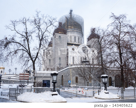 7 February 2026 Russia Moscow Cathedral of Christ the Saviour with golden domes and snow covered surroundings during winter 7 February 2026 Russia Moscow Cathedral of Christ the Saviour with golden domes and snow covered surroundings during winter 143405622