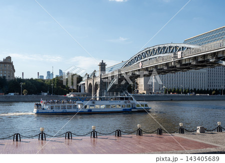 10 August 2026 Russia Moscow riverboat sailing on the Moskva River with Pushkin Bridge in the background during a summer day 10 August 2026 Russia Moscow riverboat sailing on the Moskva River with Pushkin Bridge in the background during a summer day 143405689