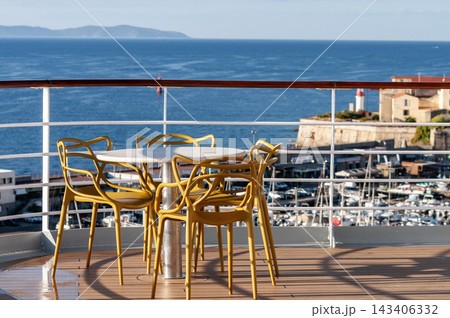 Luxury Cruise Ship Deck at sunny day Luxury Cruise Ship Deck at sunny day 143406332