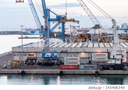 Civitavecchia, Italy- September 18, 2026: Inter-modal containers of from MSC, Mediterranean Shipping Company stacked with containers of the same colors in a container yard 143406340