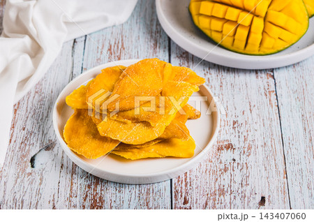 Delicious, sweet, sliced mango on a plate on the table Delicious, sweet, sliced mango on a plate on the table 143407060