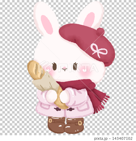 Cute Paris Christmas Bunny Holding Baguette Wearing Pink Coat Red Beret and Cozy Scarf Illustration Cute Paris Christmas Bunny Holding Baguette Wearing Pink Coat Red Beret and Cozy Scarf Illustration 143407102