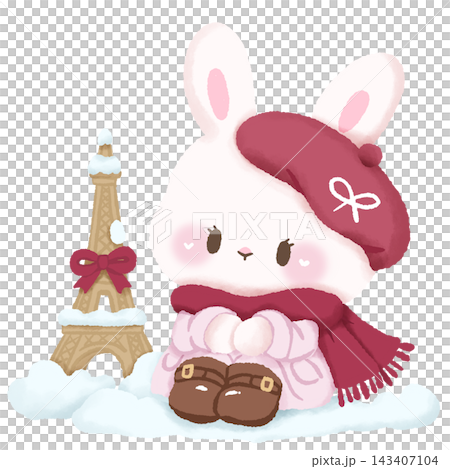 Cute Paris Christmas Bunny Sitting in Snow Beside Eiffel Tower Wearing Pink Winter Coat and Red Beret Illustration Cute Paris Christmas Bunny Sitting in Snow Beside Eiffel Tower Wearing Pink Winter Coat and Red Beret Illustration 143407104