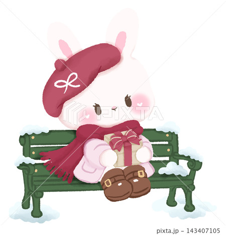 Cute Paris Christmas Bunny Sitting on Green Snowy Park Bench Holding Wrapped Christmas Gift Illustration 143407105