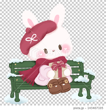 Cute Paris Christmas Bunny Sitting on Green Snowy Park Bench Holding Wrapped Christmas Gift Illustration 143407105