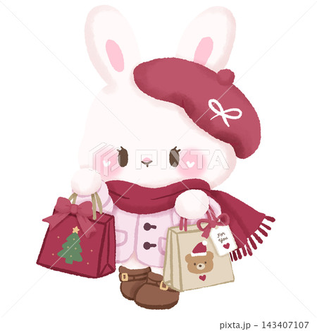 Cute Paris Christmas Bunny Carrying Festive Holiday Shopping Bags Wearing Pink Coat Red Beret and Scarf Illustration 143407107