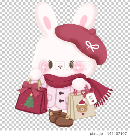 Cute Paris Christmas Bunny Carrying Festive Holiday Shopping Bags Wearing Pink Coat Red Beret and Scarf Illustration 143407107