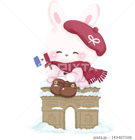 Cute Paris Christmas Bunny Sitting on Snowy Arc de Triomphe Holding French Flag Illustration Cute Paris Christmas Bunny Sitting on Snowy Arc de Triomphe Holding French Flag Illustration 143407108