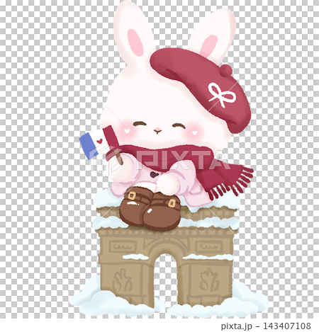Cute Paris Christmas Bunny Sitting on Snowy Arc de Triomphe Holding French Flag Illustration Cute Paris Christmas Bunny Sitting on Snowy Arc de Triomphe Holding French Flag Illustration 143407108