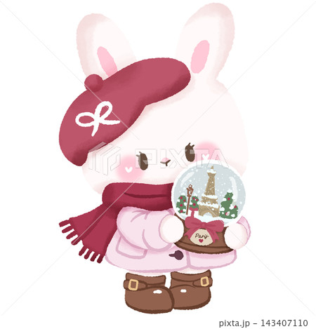 Cute Paris Christmas Bunny Holding Eiffel Tower Snow Globe Wearing Pink Coat Red Beret and Scarf Illustration 143407110