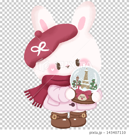 Cute Paris Christmas Bunny Holding Eiffel Tower Snow Globe Wearing Pink Coat Red Beret and Scarf Illustration 143407110