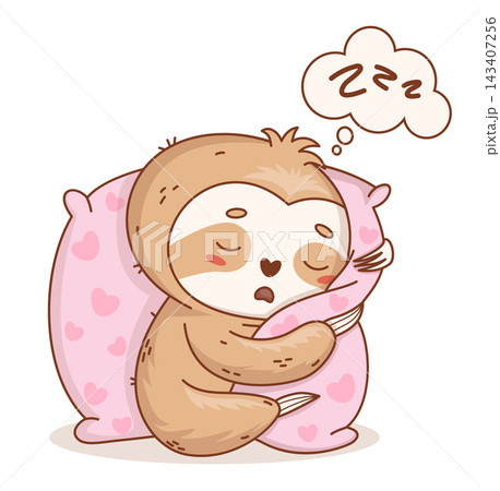 Cute Lazy Kawaii Sitting Sloth Snoring Asleep and Sleeping Hugging Big Romantic Pink Pillow With Speech Bubble zzz. Cozy  Animal Character Dreaming. Vector Illustration. Sweet Dream and Rest. 143407256