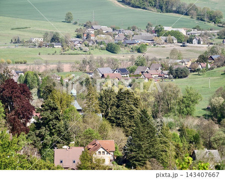 Bright woodland community landscape. Sundrenched village among woods with scenic gardens and paths Bright woodland community landscape. Sundrenched village among woods with scenic gardens and paths 143407667