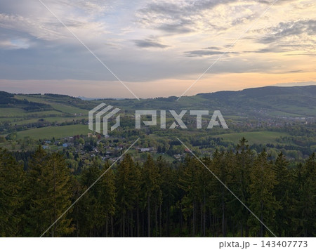 Serene evening glow. Tranquil dusk gently illuminates calm and peaceful environment of countryside Serene evening glow. Tranquil dusk gently illuminates calm and peaceful environment of countryside 143407773