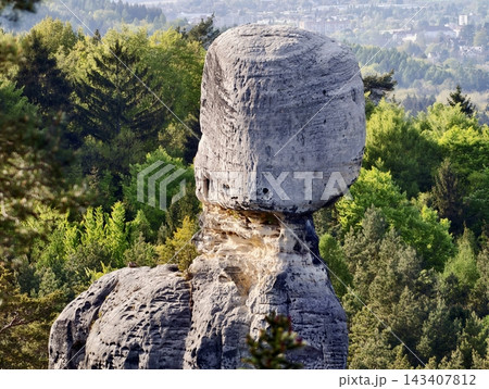Evening view of tranquil landscape. Peaceful scene with illuminated natural formations at dusk Evening view of tranquil landscape. Peaceful scene with illuminated natural formations at dusk 143407812