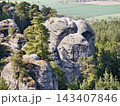 Skyward rocky clusters. Aerial perspective showcasing rugged terrain among forested hills and distant plains 143407846