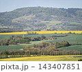 Expansive aerial perspective highlighting flowering fields and scenic agricultural terrain in spring 143407851
