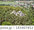 Ancient rocks amid lush forest. Mosscovered boulders and cliffs peering through forest canopy 143407852