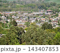 Urban scene with buildings and trees. Residential landscape showcasing rooftops and surrounding streets 143407853